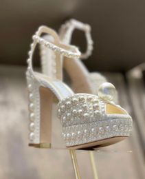 Chaussures de mariée de créateurs Sacaria Plate-forme Sandales Perle Embellissement Sacora Femmes Talons hauts Soirée parfaite Lady Pompes EU35-43 avec boîte
