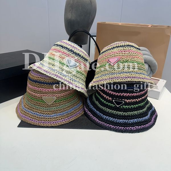Chapeau de paille tricoté à la main, chapeau de styliste à rayures colorées pour hommes et femmes, chapeaux ajustés pour l'été, plage, bord de mer, pare-soleil