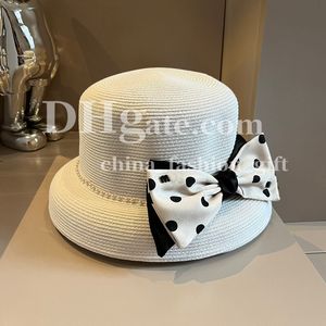 Designer Bucket Hat Luxe Bowknot Chapeau D'été Soleil Chapeau De Paille Parti Chapeau Élégant Perle À Pois Chapeau Pour Dames Vacances Chapeau De Protection Solaire