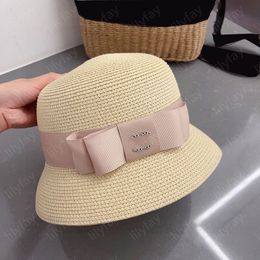 Diseñador de sombrero de cubo de cubo para mujer Summer paja Bonnón de punto anchos sombreros de borde anchos para mujeres Protección solar Sol Lovely Bowknot Cap Beach Travel Casquette -6