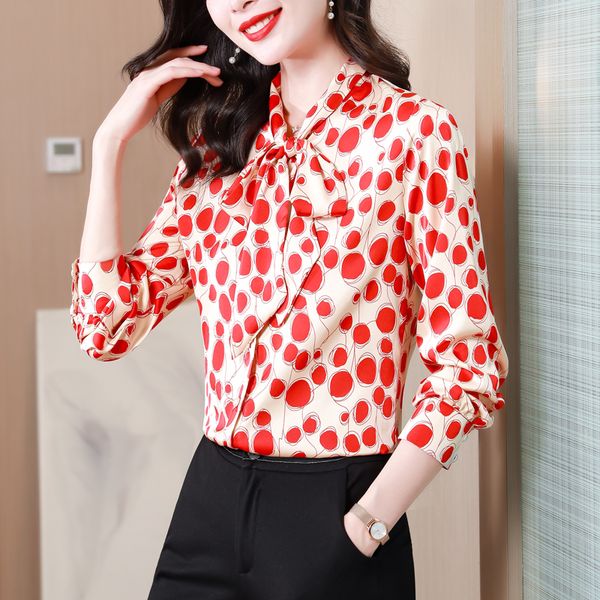 Camisa con botones de diseñador Seda Mujer Cinta Arco Runway Camisa de satén Manga larga Otoño Invierno Elegante Estampado Camisas formales 2023 Oficina Señoras Moda Tops Tallas grandes