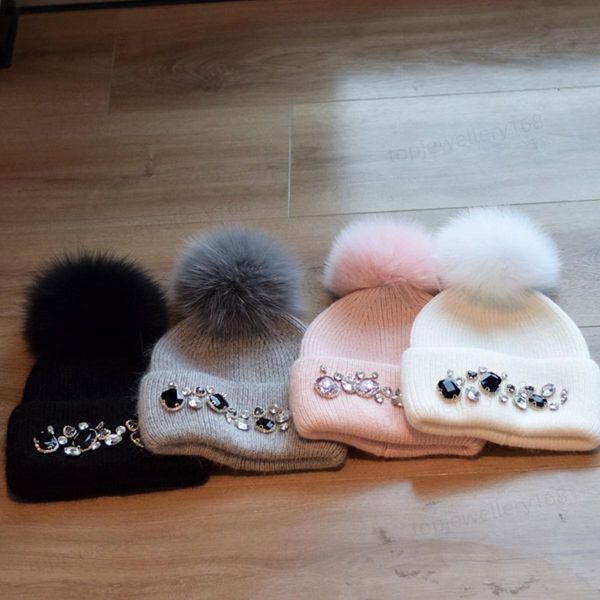 Gorro de diseñador Gorro de otoño e invierno Gorro de pelo de zorro Cálido Lana con incrustaciones de diamantes Pelo de conejo Tejido Versión coreana Sombrero versátil japonés Mujer de diseñador