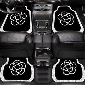 Tapis de sol de voiture design avec anneau en soie, dessin animé, fleur noire et blanche, intérieur classique avec impression de vieilles fleurs, ensemble de 4 pièces, facile à nettoyer, résistant à la saleté, tapis de pied universel