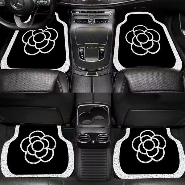 Tapis de sol de voiture design avec anneau en soie, dessin animé, fleur noire et blanche, intérieur classique avec impression de vieilles fleurs, ensemble de 4 pièces, facile à nettoyer, résistant à la saleté, tapis de pied universel