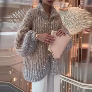 Designer Cardigan Dames trui zware industrie pailletten ritssluiting opstaan nek losse trui jas voor vrouwen 1228