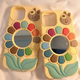 Designer Cartoon Mirror Colored Petal Tournesol pour iPhone 15 14 13 12 11 Pro max 14 plus 7 8 plus X XR XS xsmax étui en cuir rigide