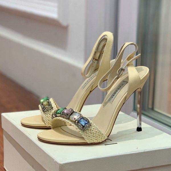 Zapatos Casadei de diseñador con decoración de cristal, sandalias de tacón alto con diamantes de imitación, tacones altos ajustados, correas de lujo de 10 cm, zapatos de cena de tacón abierto a la moda para mujer