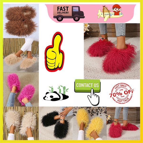 Livraison gratuite Designer Casual Plush Slides Hommes Femme Gardez au chaud avec un poids en peluche Semelles super douces de grande taille Sandales d'hiver plates 36-49