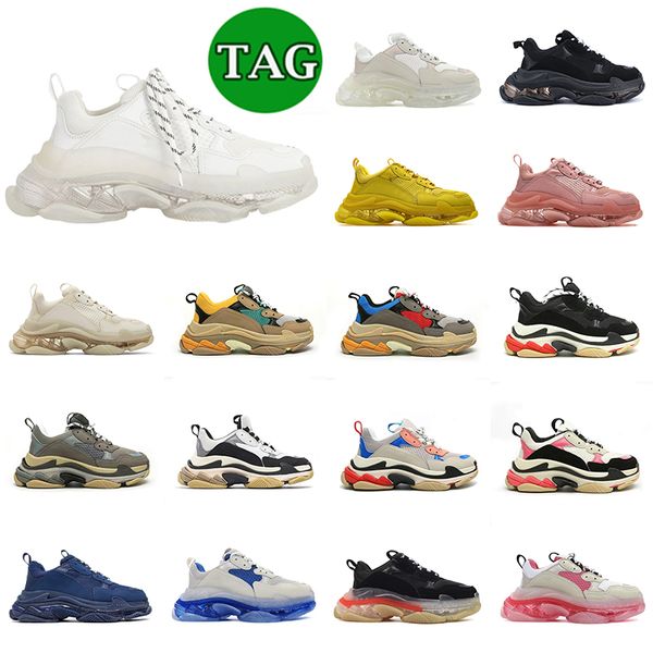 Diseñador Zapatos casuales Triple S Hombres Mujeres Plataforma Zapatillas de deporte Suela transparente Top Cuero Curry Pastels Negro Blanco Gris Rojo Rosa Azul Royal Neon Green Entrenadores para hombre Tenis