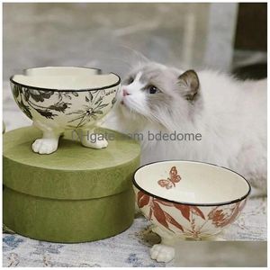 Bols pour chats de créateurs Ensemble de bols de nourriture et d'eau pour chiens surélevés Plat pour animaux de compagnie en porcelaine avec support Prévention du refoulement Lave-vaisselle Coffre-fort au micro-ondes Her Dhz3S