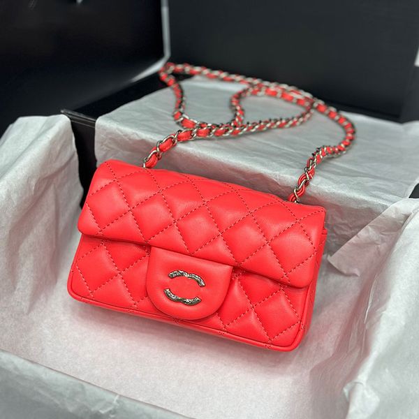 Bolso CC de diseñador Bolso bandolera Mini bolso de hombro Charol Rejilla de diamantes Serie CF Bolso de cadena Cartera de mano con solapa Cartera para mujer Cuero genuino Color sólido Bolso rojo