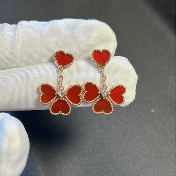 Designer Charm Gold Van Four Boucles d'oreilles coeurs Love Red Agate plaqué 18k Rose Small Female Style