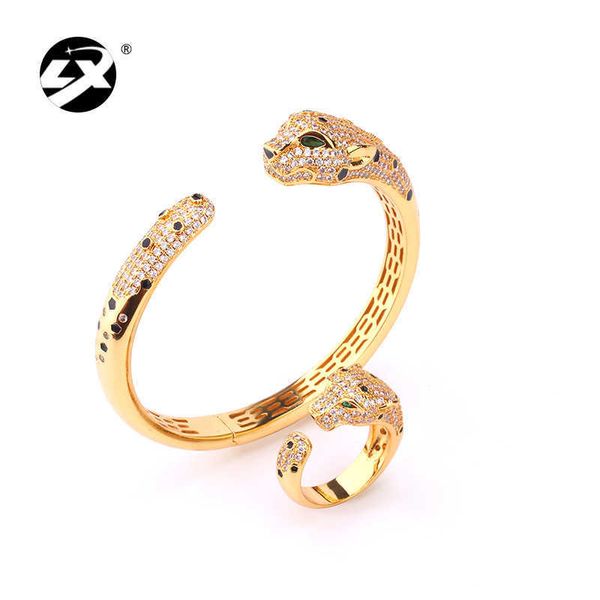 Diseñador Charm Conjunto de anillo de brazalete de leopardo elegante y elegante con micro inspección de pegamento de goteo Joyería personalizada de la mano manchada