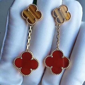 Designer Charm Van vier bladgras oorbellen en goud verdikt 18K ROSE GROTEN Natuurlijk Tijger Eye Red Agate Dubbelzijdige bloem