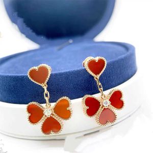 Boucles d'oreilles en forme de coeur Van de créateur 925 argent pur plaqué 18k or quatre rouges jade moelle pêche