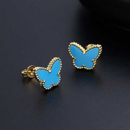 Designer Charm Van High Version S925 Silver Earrings Rose Gold Natural White Fritillaria Butterfly Blue Agate Jewelry