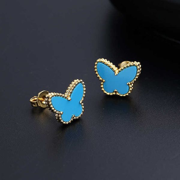 Diseñador Charm Van Versión alta S925 Pendientes de plata Gold Rose Natural Fritillaria Butterfly Blue Agate