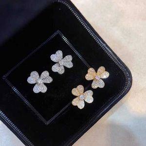Boucles d'oreilles de fleurs Van Van Trifolium 925 argent sterling plaqué 18 carats d'or v Famille Diamond Full Grass