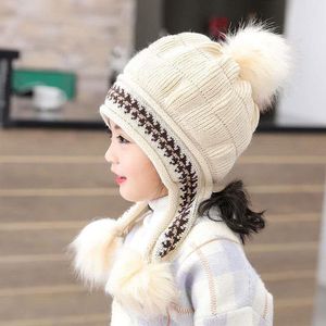 Designer Kinderen Gebreide Pompom Mutsen Hoeden Met Warme Voering 3-12Y Kids Winter Hoofd Oor Warmer Pom Hoed Mooie Sneeuw cap