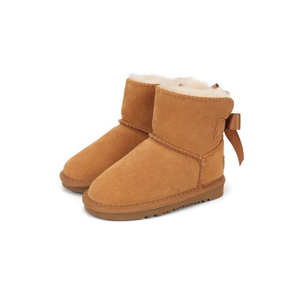 Designer Enfants Botte Ultra Mini Enfants Bottes Australiennes Mode Dos Bowties Châtaigne Hiver Bébé Chaussures Bottines En Cuir Véritable Fourrure Bottes Taille 21-35