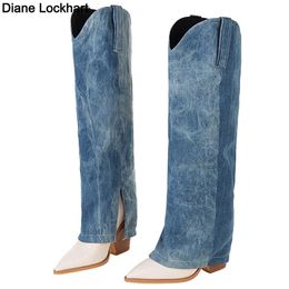 Designer Chunky talon bout pointu bottes femmes longues bottes hautes pli Denim Boottes chaussures femme western cowboy bottes 2022 230403