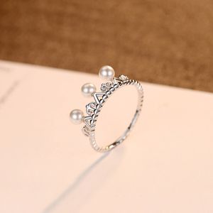 Designer Classic Crown S925 Sterling Silver Ring Women Fashion Brand Plastic Pearl Ring Charm