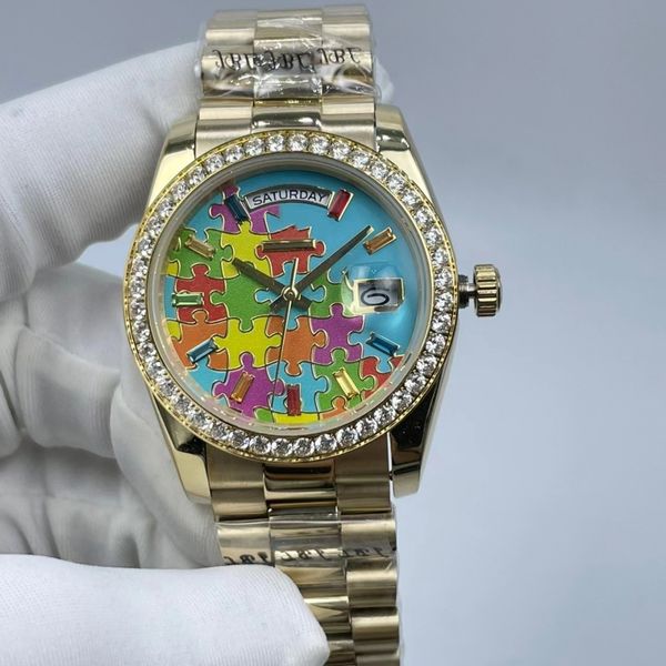 Reloj automático de diseño clásico y moderno con incrustaciones de diamantes de colores, tamaño 36 mm, cristal de zafiro, el regalo de Navidad favorito de las mujeres, transporte gratuito