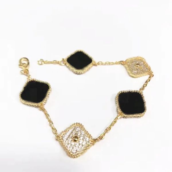 Diseñador Clásico Lucky Vanly Cleefly Clover Pulsera de ónix negro Chapado en oro blanco Damas y niñas Día de San Valentín Día de la madre