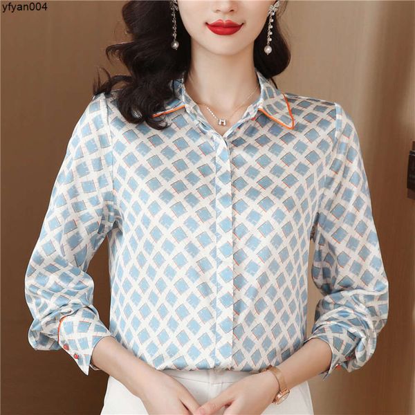 Designer classique Satin Plaid Blouses femmes soie revers chemises graphiques automne hiver bureau élégant et jeunesse grande taille Topszsyr.