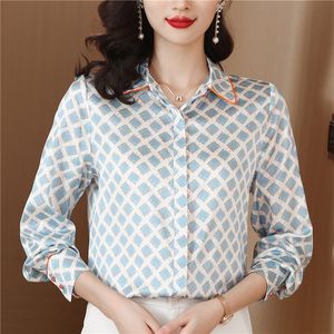 Designer Klassiek Satijn Plaid Dames Zijden Revers Met Knopen Grafische Shirts 2023 Herfst Winter Kantoor Dames Elegant en Jeugdblouses Plus Size Tops