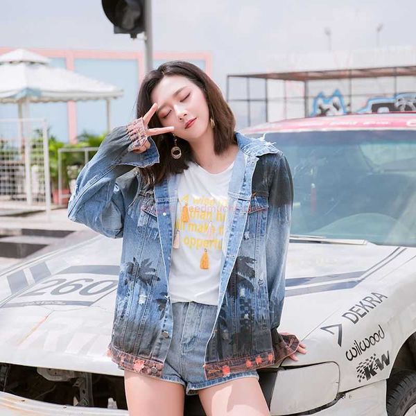 Designer Clothing Amires AM Denim Jacket Amies Zhang Yixing Star Denim Jacket of the Same Style Mens Womens Fashion Brand Coconut Tree Print Gradient Color Hole Loose