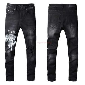Vêtements de créateurs Amires Jeans 817 Black Amies High Street Lettre Motif Ange Denim Pantalons décontractés Micro Élastique Cotto