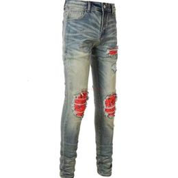 Abbigliamento firmato Amires Jeans Pantaloni in denim 6552 American Amies Fashion Jeans da uomo con vecchi fori Patch High Street Slim Fit Big Damage963