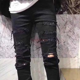 Vêtements de marque Amires Jeans Pantalons en denim Amies Marque de mode Black Hot Diamond Slp Jeans perforés Hommes Jeunesse High Street Rock Slim Fit Small Foot Long Pants 2023