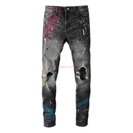 Ropa de diseñador Amires Jeans Pantalones de mezclilla Moda Amr Slim Fit Slim Jeans Hombre Aerosol pintado Graffiti colorido Pies lavados Pantalones Amies Distressed Ripped Skinn