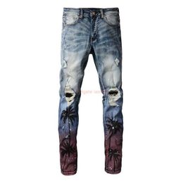 Designerkleding Amires Jeans Spijkerbroek Amies Coconut Tree Print Gradient Wash High Street Trendy merk Distressed Jeans voor zowel mannen als vrouwen Knappe slim fit Legg