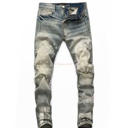 Designer Clothing Amires Jeans Denim Pants 2021 Fashion 8299 Cashew Flower Print Amies Worn Old Jeans Youth Slim Fit Print Motorcycle Pants Male Distressed Ripped Sk