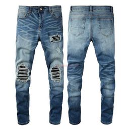 Designer Clothing Amires Jeans Denim Pants Amies High Street Fashion Jeans en cuir à panneaux plissés High Street Élastique Trou Patch Jeans Slim Fit Hommes 6520 Distres