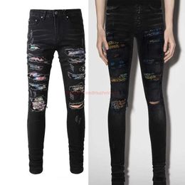 Vêtements de créateurs Amires Jeans Pantalons en denim 875 High Street Amies Marque de mode Couleur noire Patch Élastique Mode Cassé Slim Jambe Droite Jeans Pour Hommes En Détresse Ripp