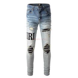 Vêtements de marque Amires Jeans Pantalons en denim Fog Amies Nouvelle marque de mode Lettre Patch Lavé Vieux Trou High Street Slim Fit Light Small Foot Jeans Hommes En détresse Ripped S