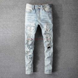 Designer Clothing Amires Jeans Denim Pants Amies New Style White Diamond Perforated Jeans Homme Lavage Léger Old Trend Slim Fit Pantalons Petits Pieds Hommes High Street Distres