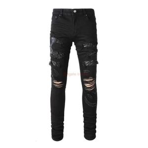 Designer Clothing Amires Jeans Denim Pantalons High Street Fashion Brand Amies Black Broderie Jeans avec des trous dans Ins Ruffled Handsome515