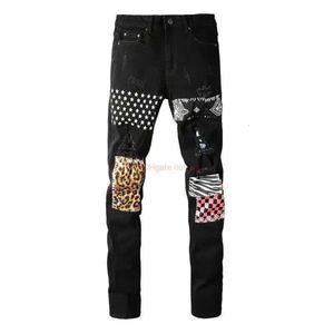 Vêtements de marque Amires Jeans Denim Pantalons Amies Marque de mode Black Cow Washes Water Breaks Holes Making Old Contrast Color Patches344