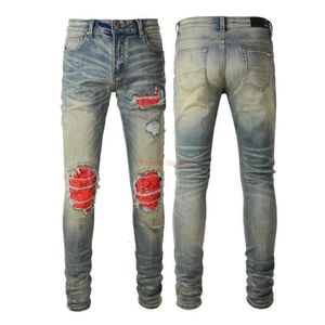 Designer Vêtements Amires Jeans Denim Pantalons Amies À La Mode À La Mode Hommes Rouge Plissé Patch Jeans avec Trous Fleur De Cajou Patch927