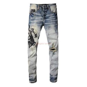 Designer Vêtements Amires Jeans Denim Pantalons High Street Amies Marque De Mode 882 Tête De Gorille Bleue Broderie Stretch Trou Tendance Mince Droite Petits Pieds Jeans Homme Di