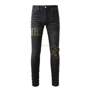 Designer Clothing Amires Jeans Denim Pants 872 High Street Fashion Brand Amies Black Camouflage Big Letter Elastic Broken Trendy Slim Straight Small Feet Jeans Male