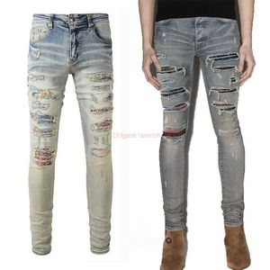 Designer Kleding Amires Jeans Spijkerbroek Amies 876 High Street Fashion Blauwe Kleurrijke Bloem Patch Stretch Gat Trend Slim Straight Leg Heren Jeans Distressed Rippe