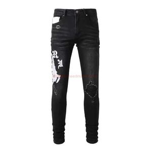 Designer Clothing Amires Jeans Denim Pantalons High Street Amies Marque de mode 881 Tête de gorille noire Broderie Élastique Trou Mode Slim Straight Leg Jeans Men Distre