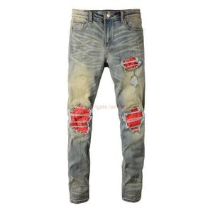Designer Clothing Amires Jeans Denim Pantalons Fog Amies Fashion Brand Wash Water Holes Do Old Red Patch Slimming Jeans Mens High Street Ins Small Leg Pants Distressed 23