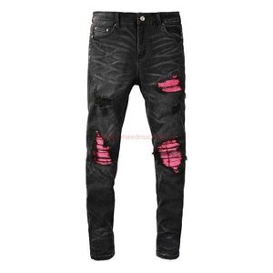 Designer Clothing Amires Jeans Denim Pants 8806 Fashion Amies Marque de mode Black Hole Red Patch Slim Fit Small Feet Hommes Jeans High Street Fashion Distressed Ripped